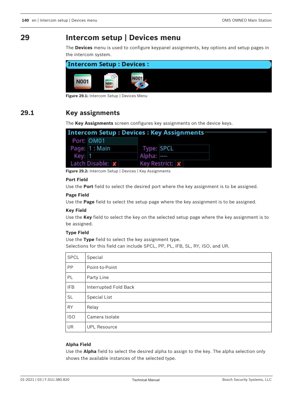 29 intercom setup | devices menu, 1 key assignments, Intercom setup | devices menu | Key assignments, Intercom | Telex RTS OMS OMNEO Main Station Advanced Digital Partyline Intercom Base (5-Pin Female) User Manual | Page 140 / 168