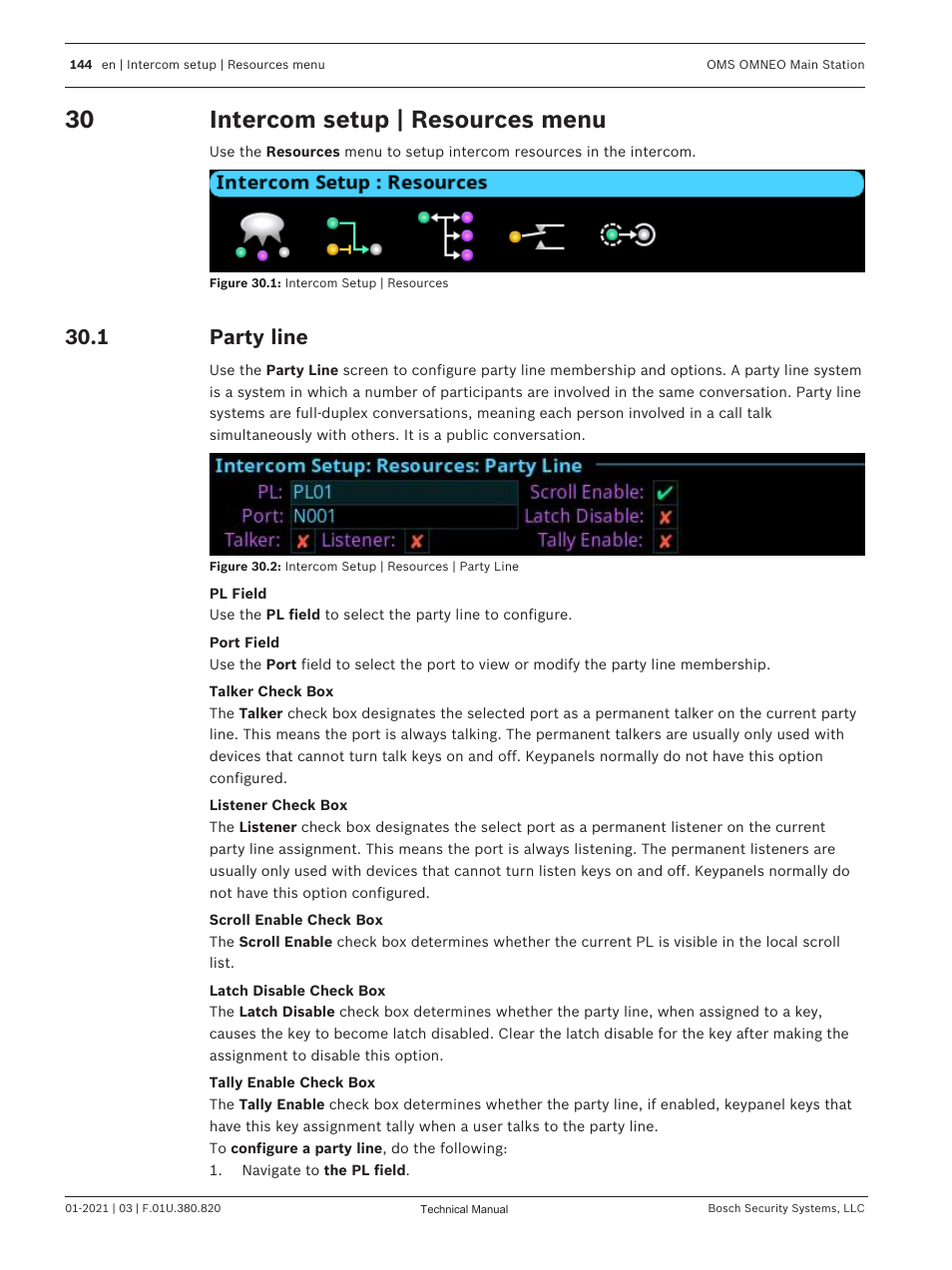 30 intercom setup | resources menu, 1 party line, Intercom setup | resources menu | Party line, Configure. see, Intercom setup | Telex RTS OMS OMNEO Main Station Advanced Digital Partyline Intercom Base (5-Pin Female) User Manual | Page 144 / 168