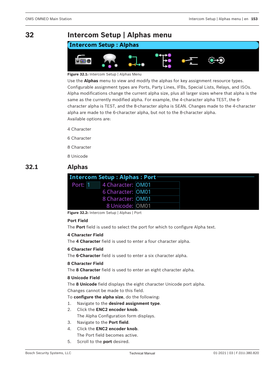 32 intercom setup | alphas menu, 1 alphas, Intercom setup | alphas menu | Alphas, Intercom setup | alphas | Telex RTS OMS OMNEO Main Station Advanced Digital Partyline Intercom Base (5-Pin Female) User Manual | Page 153 / 168