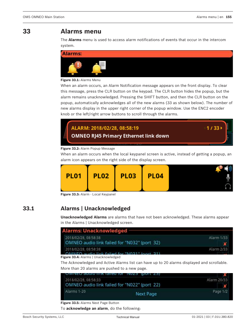 33 alarms menu, 1 alarms | unacknowledged, Alarms menu | Alarms | unacknowledged, Yet acknowledged. see, Alarms | Telex RTS OMS OMNEO Main Station Advanced Digital Partyline Intercom Base (5-Pin Female) User Manual | Page 155 / 168