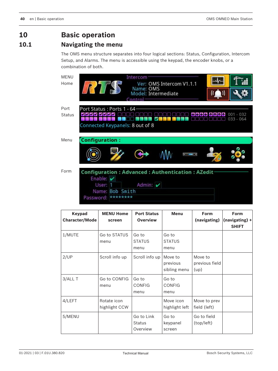 10 basic operation, 1 navigating the menu, Basic operation | Navigating the menu | Telex RTS OMS OMNEO Main Station Advanced Digital Partyline Intercom Base (5-Pin Female) User Manual | Page 40 / 168