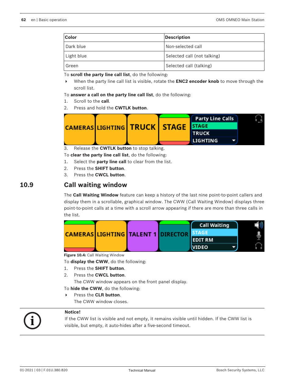 9 call waiting window, Call waiting window | Telex RTS OMS OMNEO Main Station Advanced Digital Partyline Intercom Base (5-Pin Female) User Manual | Page 62 / 168