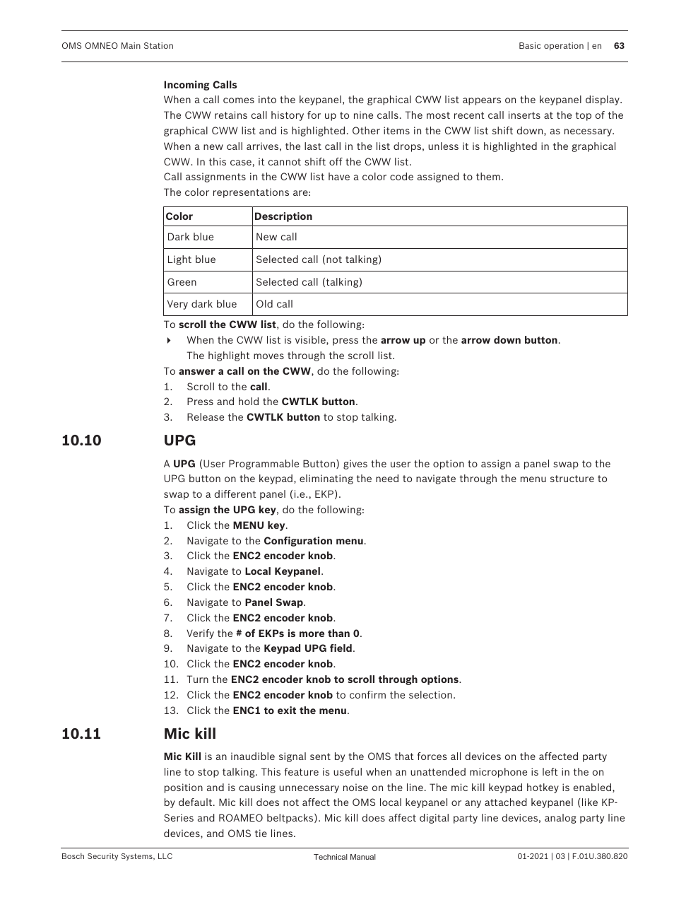 10 upg, 11 mic kill, Mic kill | Telex RTS OMS OMNEO Main Station Advanced Digital Partyline Intercom Base (5-Pin Female) User Manual | Page 63 / 168