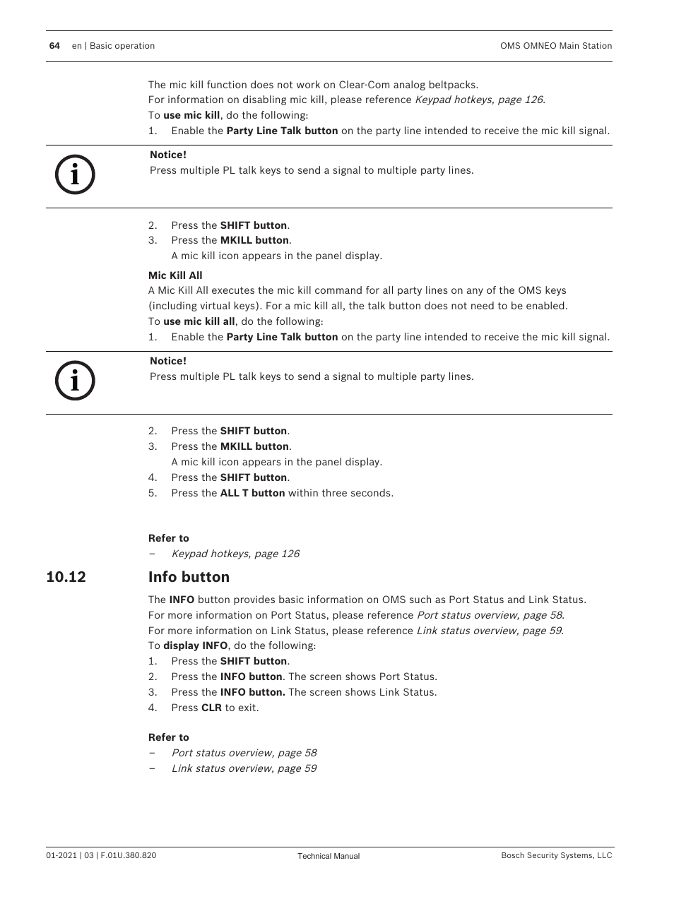 12 info button, Info button | Telex RTS OMS OMNEO Main Station Advanced Digital Partyline Intercom Base (5-Pin Female) User Manual | Page 64 / 168