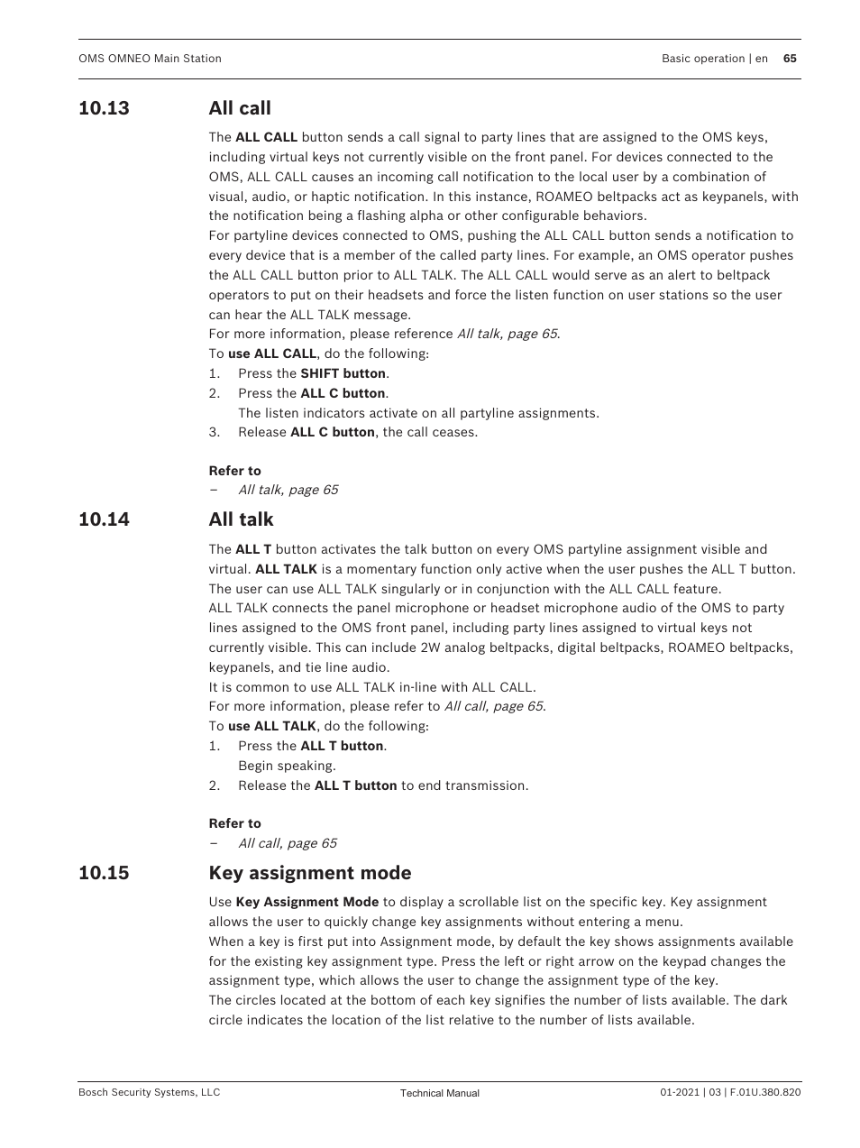 13 all call, 14 all talk, 15 key assignment mode | All call, All talk, Key assignment mode | Telex RTS OMS OMNEO Main Station Advanced Digital Partyline Intercom Base (5-Pin Female) User Manual | Page 65 / 168