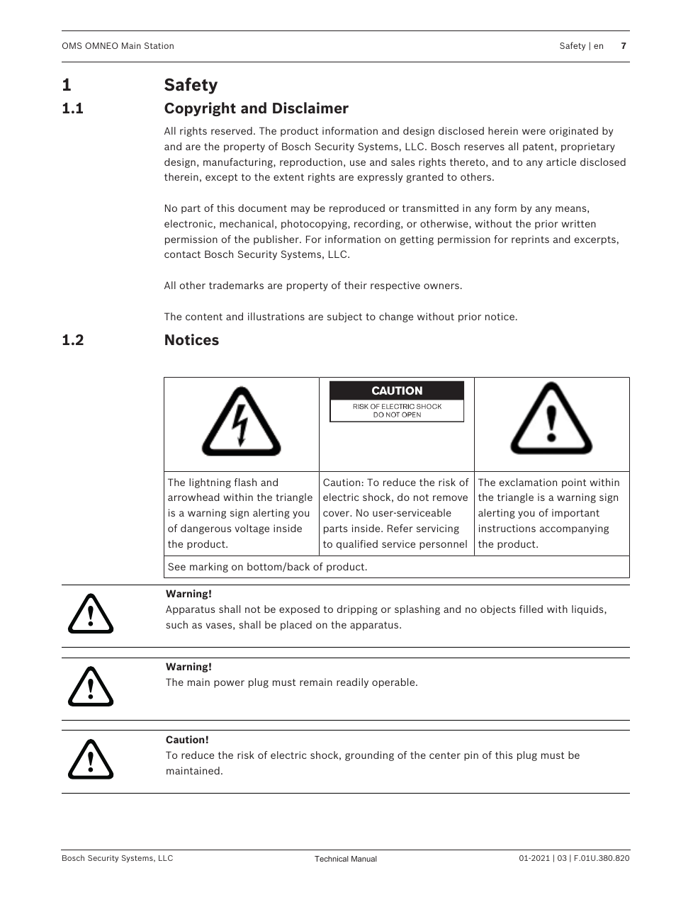 1 safety, 1 copyright and disclaimer, 2 notices | Safety, Copyright and disclaimer, Notices, 1safety | Telex RTS OMS OMNEO Main Station Advanced Digital Partyline Intercom Base (5-Pin Female) User Manual | Page 7 / 168