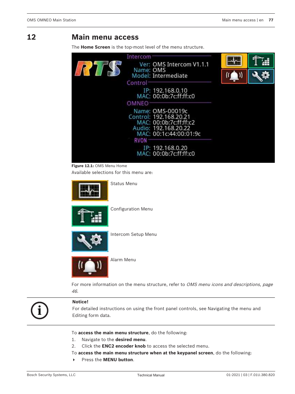 12 main menu access, Main menu access | Telex RTS OMS OMNEO Main Station Advanced Digital Partyline Intercom Base (5-Pin Female) User Manual | Page 77 / 168