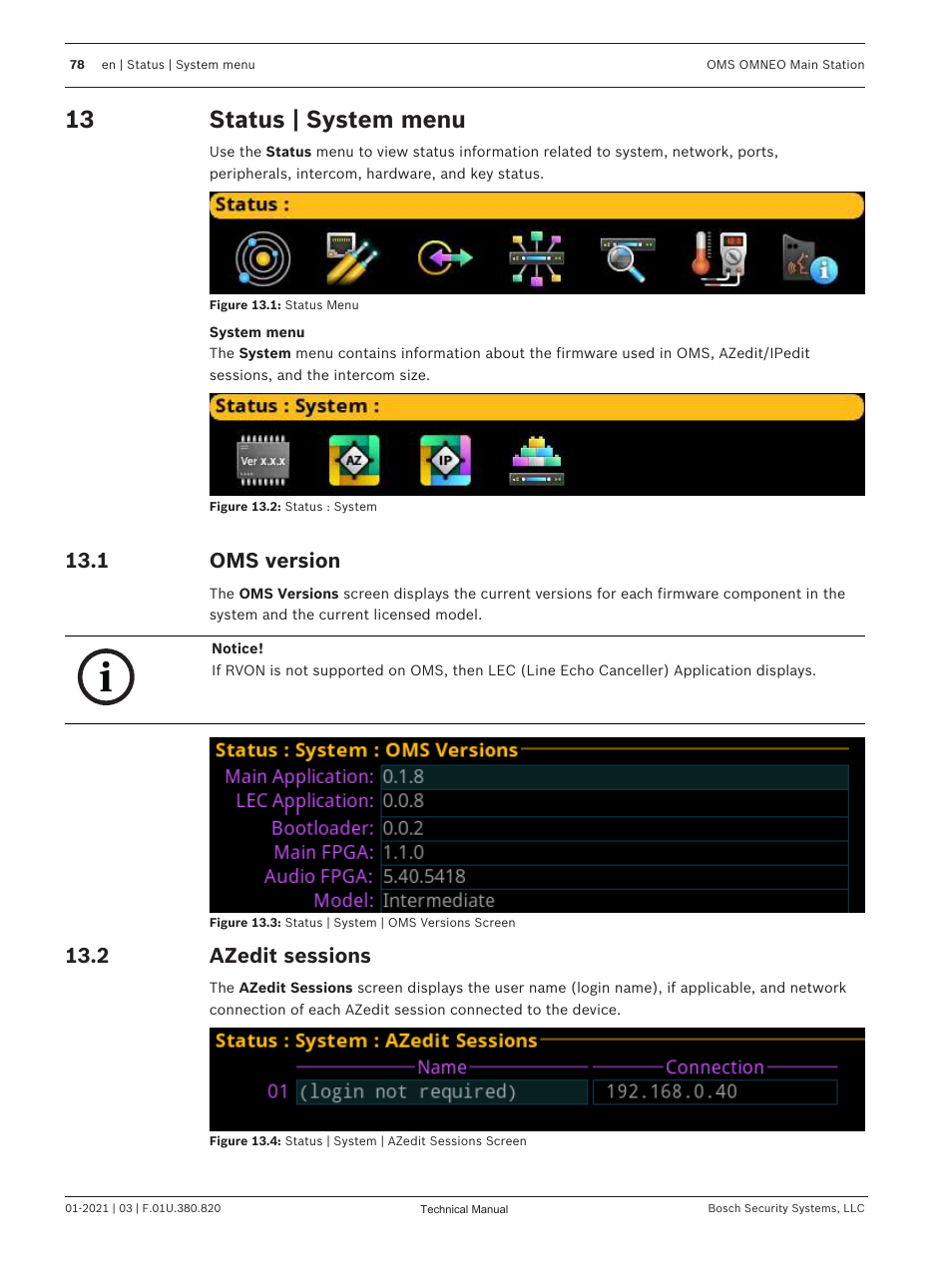 13 status | system menu, 1 oms version, 2 azedit sessions | Status | system menu, Oms version, Azedit sessions, Via azedit. see | Telex RTS OMS OMNEO Main Station Advanced Digital Partyline Intercom Base (5-Pin Female) User Manual | Page 78 / 168