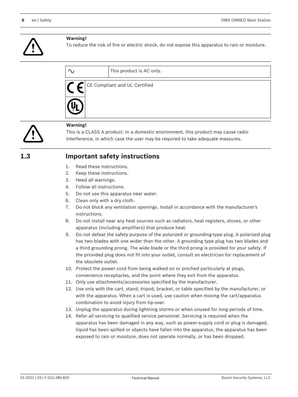 3 important safety instructions, Important safety instructions | Telex RTS OMS OMNEO Main Station Advanced Digital Partyline Intercom Base (5-Pin Female) User Manual | Page 8 / 168