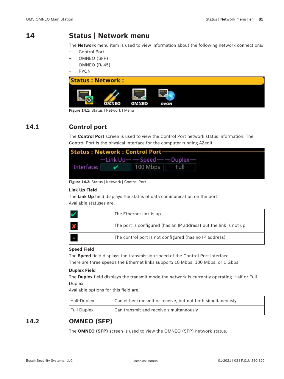 14 status | network menu, 1 control port, 2 omneo (sfp) | Status | network menu, Control port, Omneo (sfp), Status to view. see, Status, Omneo sfp fiber ports, Omneo | Telex RTS OMS OMNEO Main Station Advanced Digital Partyline Intercom Base (5-Pin Female) User Manual | Page 81 / 168