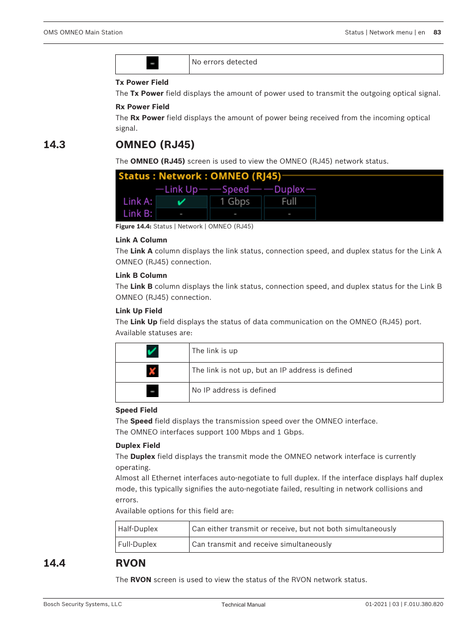 3 omneo (rj45), 4 rvon, Omneo (rj45) | Rvon, Omneo, Port. see | Telex RTS OMS OMNEO Main Station Advanced Digital Partyline Intercom Base (5-Pin Female) User Manual | Page 83 / 168