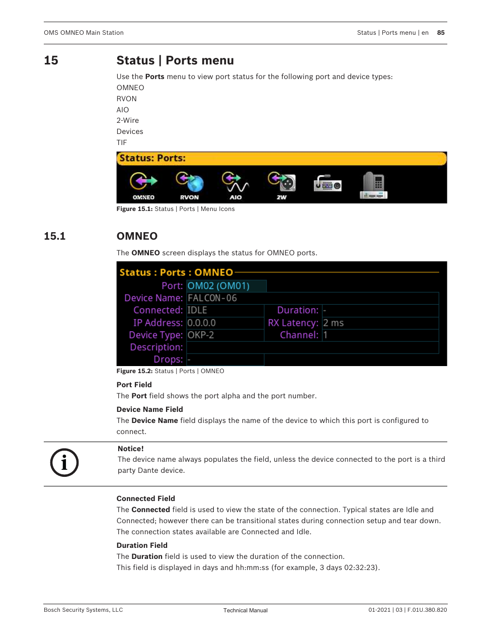 15 status | ports menu, 1 omneo, Status | ports menu | Omneo | Telex RTS OMS OMNEO Main Station Advanced Digital Partyline Intercom Base (5-Pin Female) User Manual | Page 85 / 168