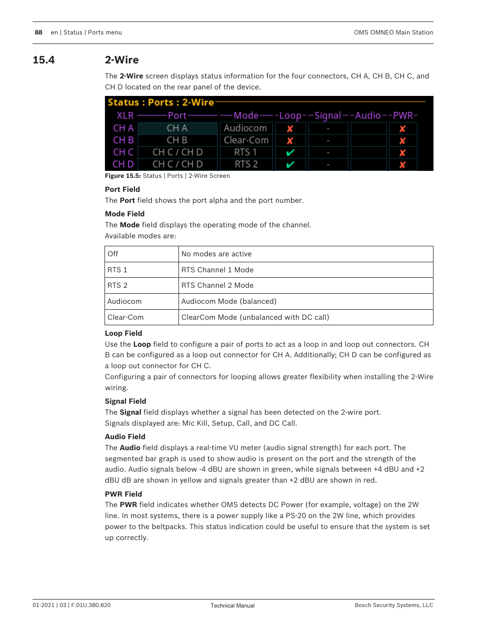 4 2-wire, Wire, Status details for 2-wire ports | Telex RTS OMS OMNEO Main Station Advanced Digital Partyline Intercom Base (5-Pin Female) User Manual | Page 88 / 168