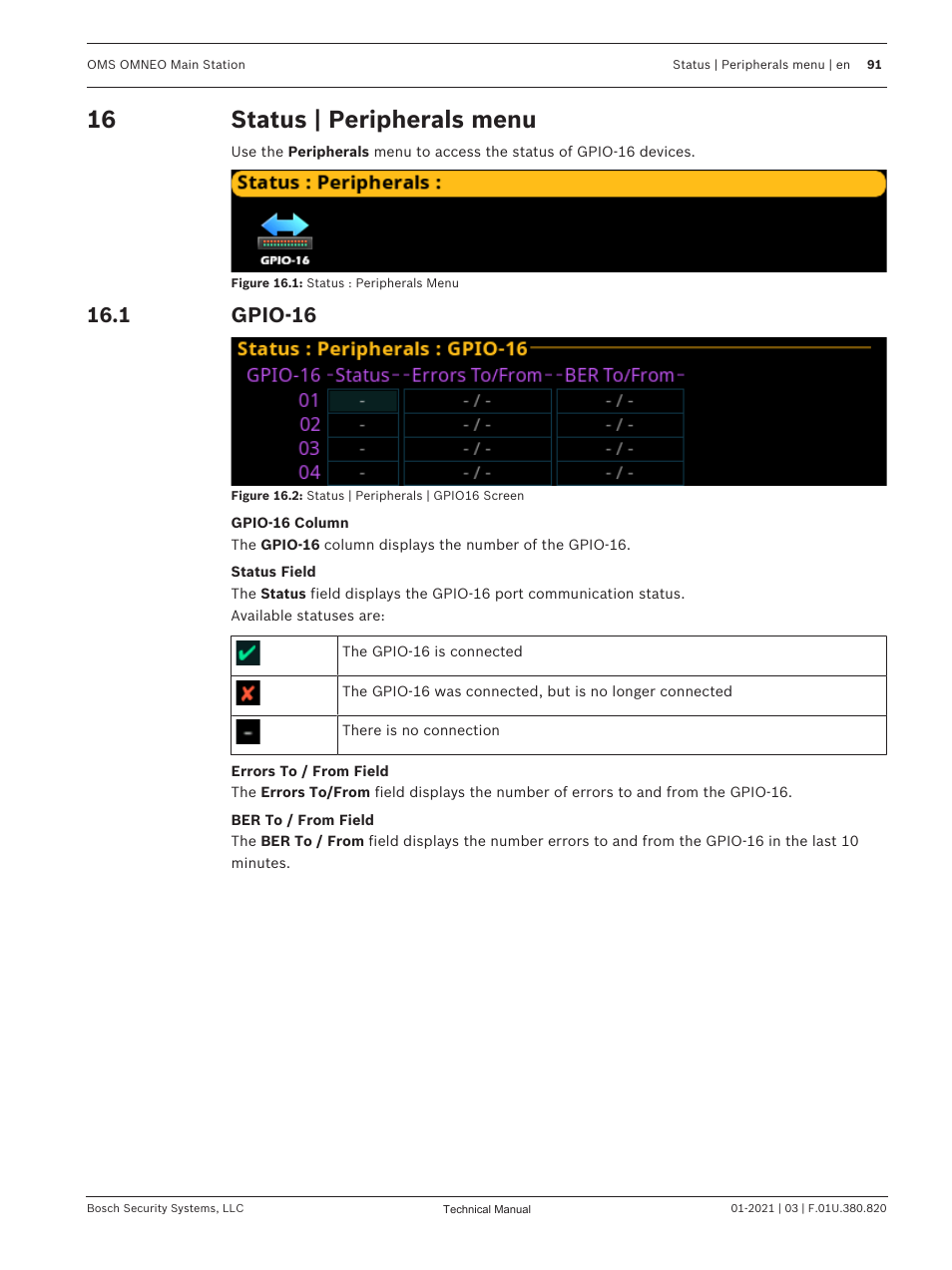 16 status | peripherals menu, 1 gpio-16, Status | peripherals menu | Gpio-16, Status | peripherals | Telex RTS OMS OMNEO Main Station Advanced Digital Partyline Intercom Base (5-Pin Female) User Manual | Page 91 / 168