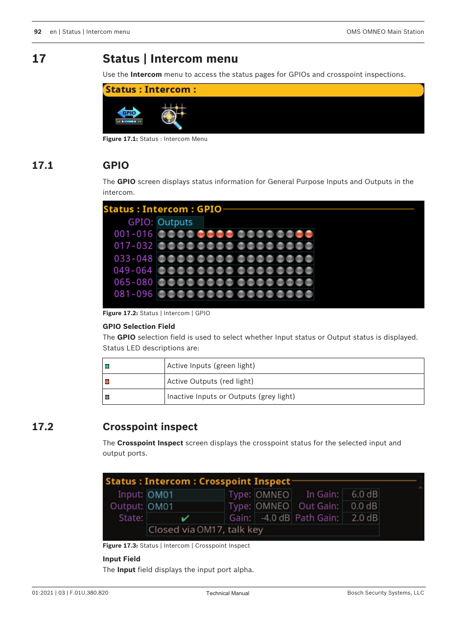 17 status | intercom menu, 1 gpio, 2 crosspoint inspect | Status | intercom menu, Gpio, Crosspoint inspect, To view. see, Status | intercom, And output ports. see, Crosspoint | Telex RTS OMS OMNEO Main Station Advanced Digital Partyline Intercom Base (5-Pin Female) User Manual | Page 92 / 168