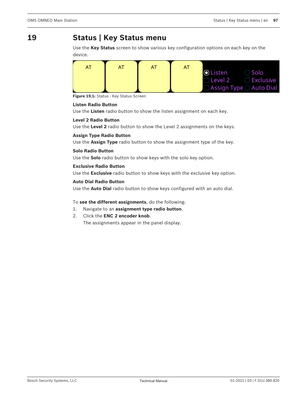 19 status | key status menu, Status | key status menu | Telex RTS OMS OMNEO Main Station Advanced Digital Partyline Intercom Base (5-Pin Female) User Manual | Page 97 / 168