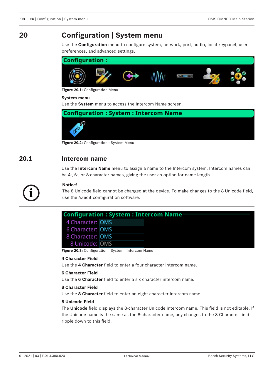 20 configuration | system menu, 1 intercom name, Configuration | system menu | Intercom name | Telex RTS OMS OMNEO Main Station Advanced Digital Partyline Intercom Base (5-Pin Female) User Manual | Page 98 / 168