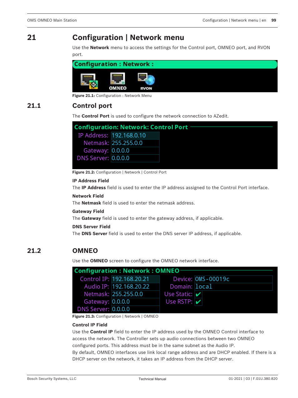 21 configuration | network menu, 1 control port, 2 omneo | Configuration | network menu, Control port, Omneo, Configuration | network, Control port. see, Ports. see | Telex RTS OMS OMNEO Main Station Advanced Digital Partyline Intercom Base (5-Pin Female) User Manual | Page 99 / 168