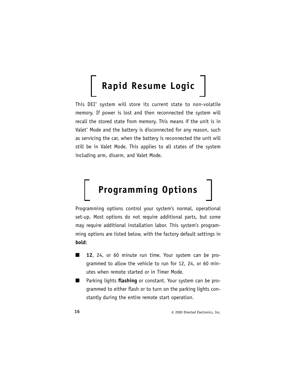 Rapid resume logic, Programming options | Directed Electronics Avital 3200 User Manual | Page 19 / 25