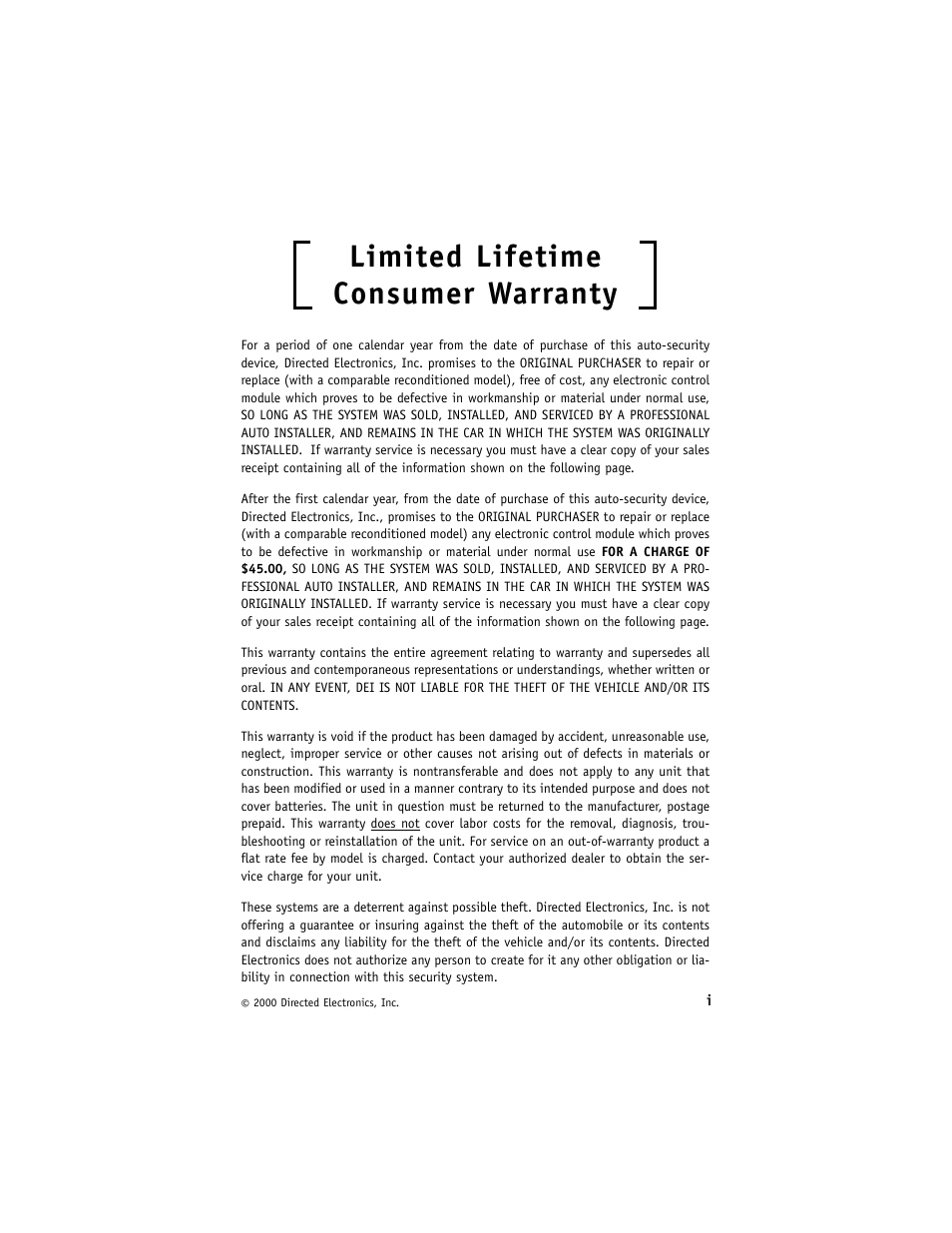 Limited lifetime consumer warranty | Directed Electronics Avital 3200 User Manual | Page 2 / 25