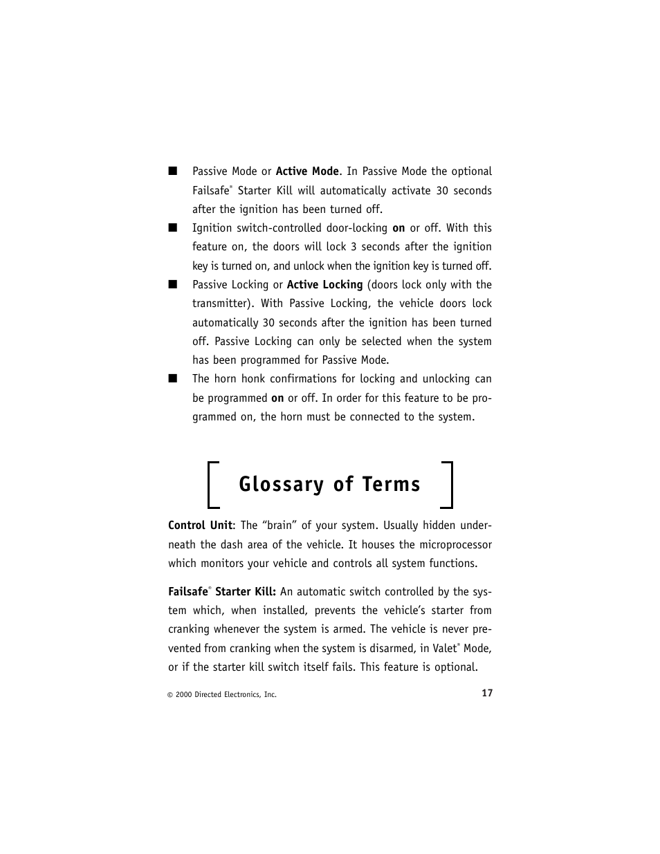 Glossary of terms | Directed Electronics Avital 3200 User Manual | Page 20 / 25