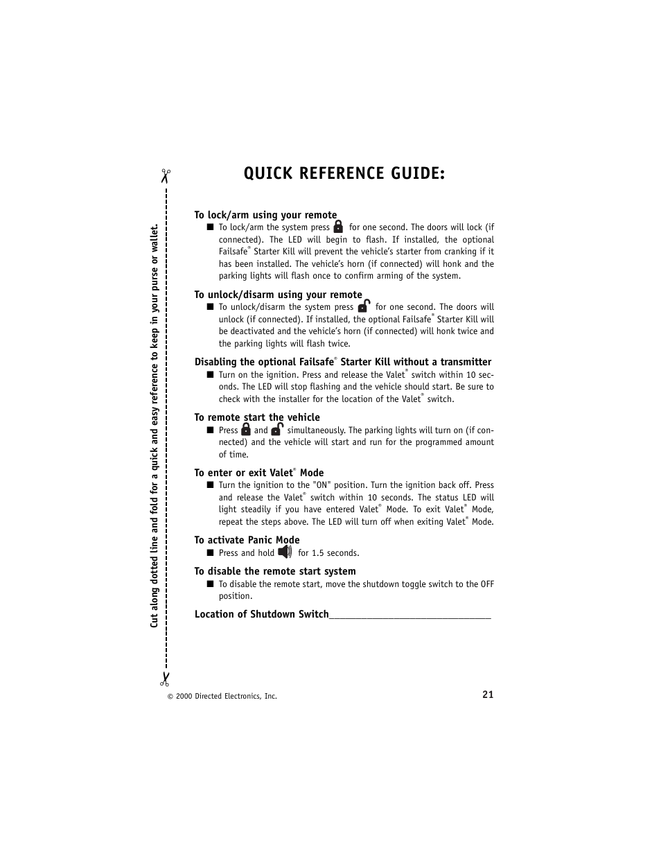 Quick reference guide | Directed Electronics Avital 3200 User Manual | Page 24 / 25