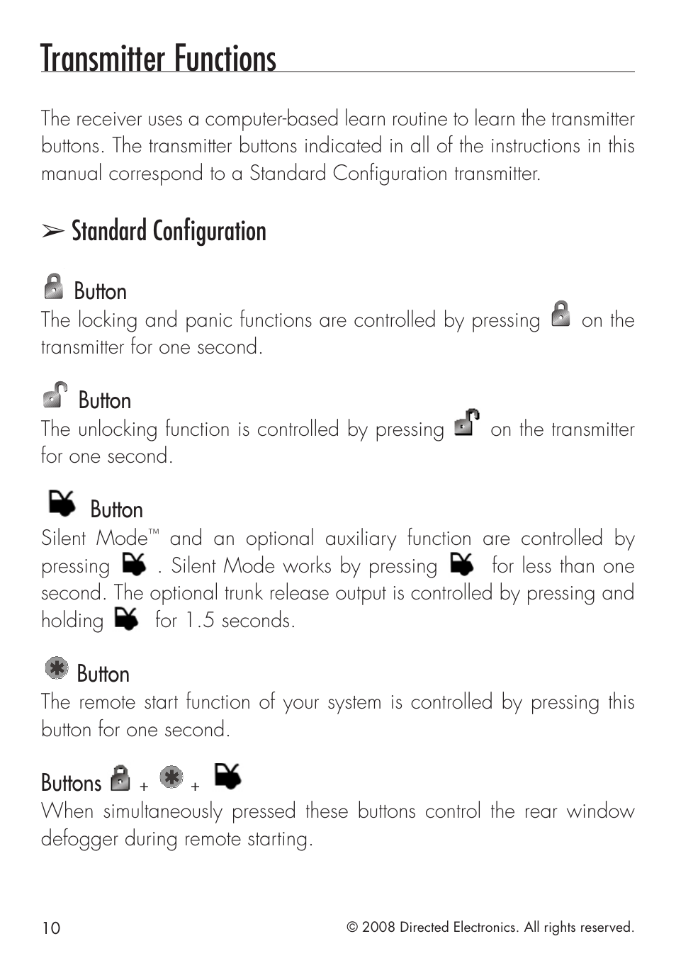 Transmitter functions, Standard configuration, Button | Buttons | Directed Electronics 4103 User Manual | Page 10 / 28