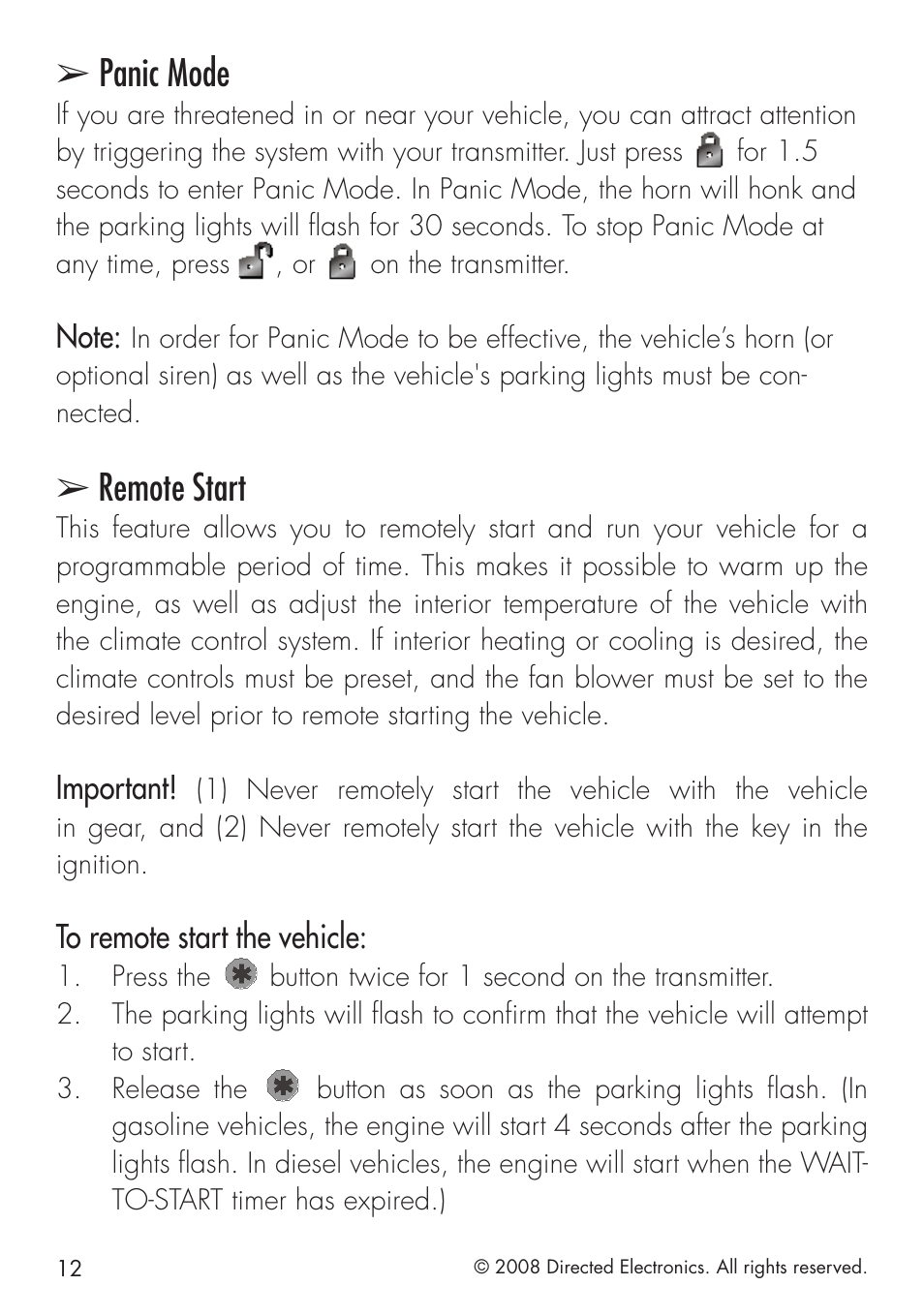 Panic mode, Remote start | Directed Electronics 4103 User Manual | Page 12 / 28