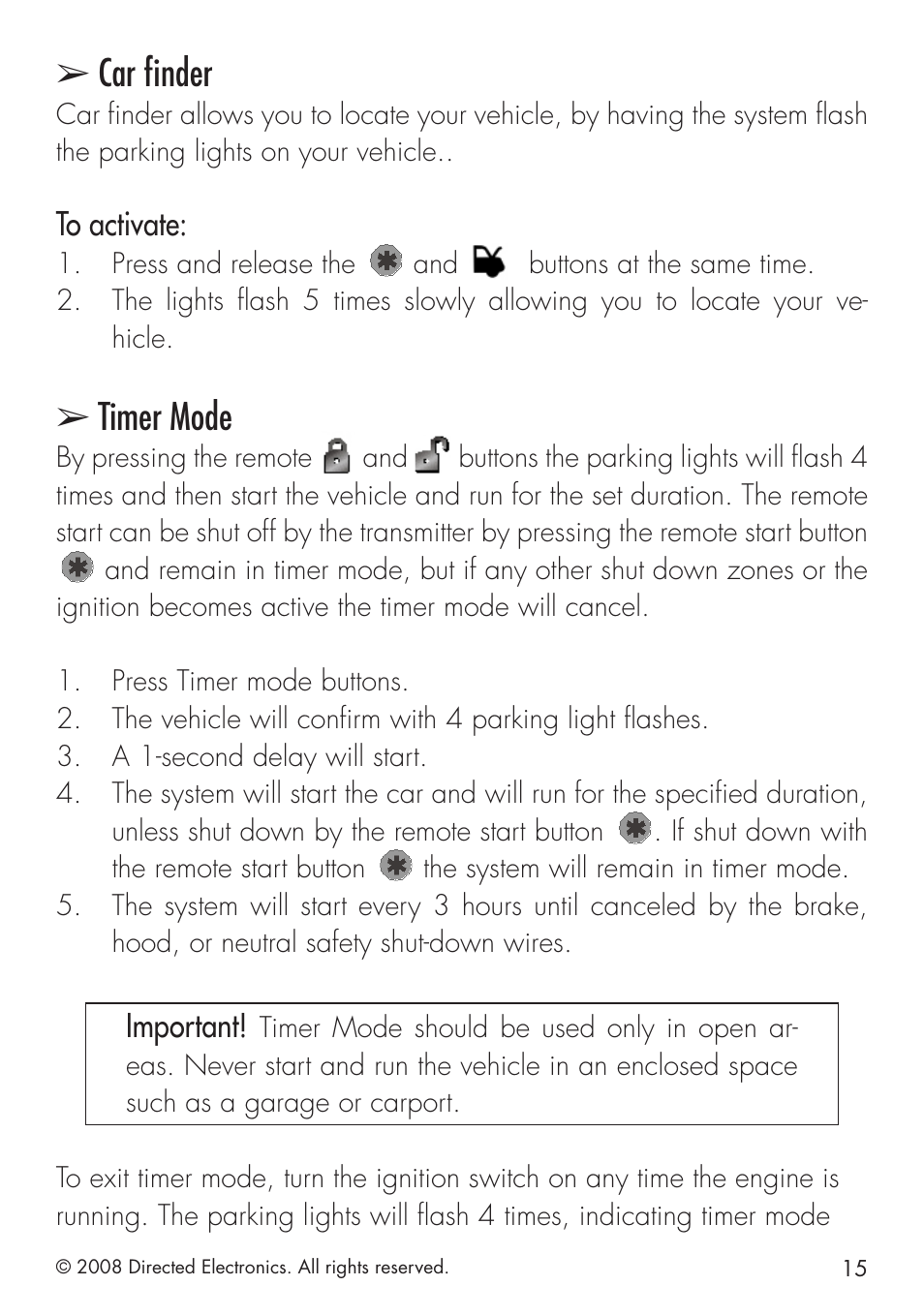 Car finder, Timer mode, Important | Directed Electronics 4103 User Manual | Page 15 / 28