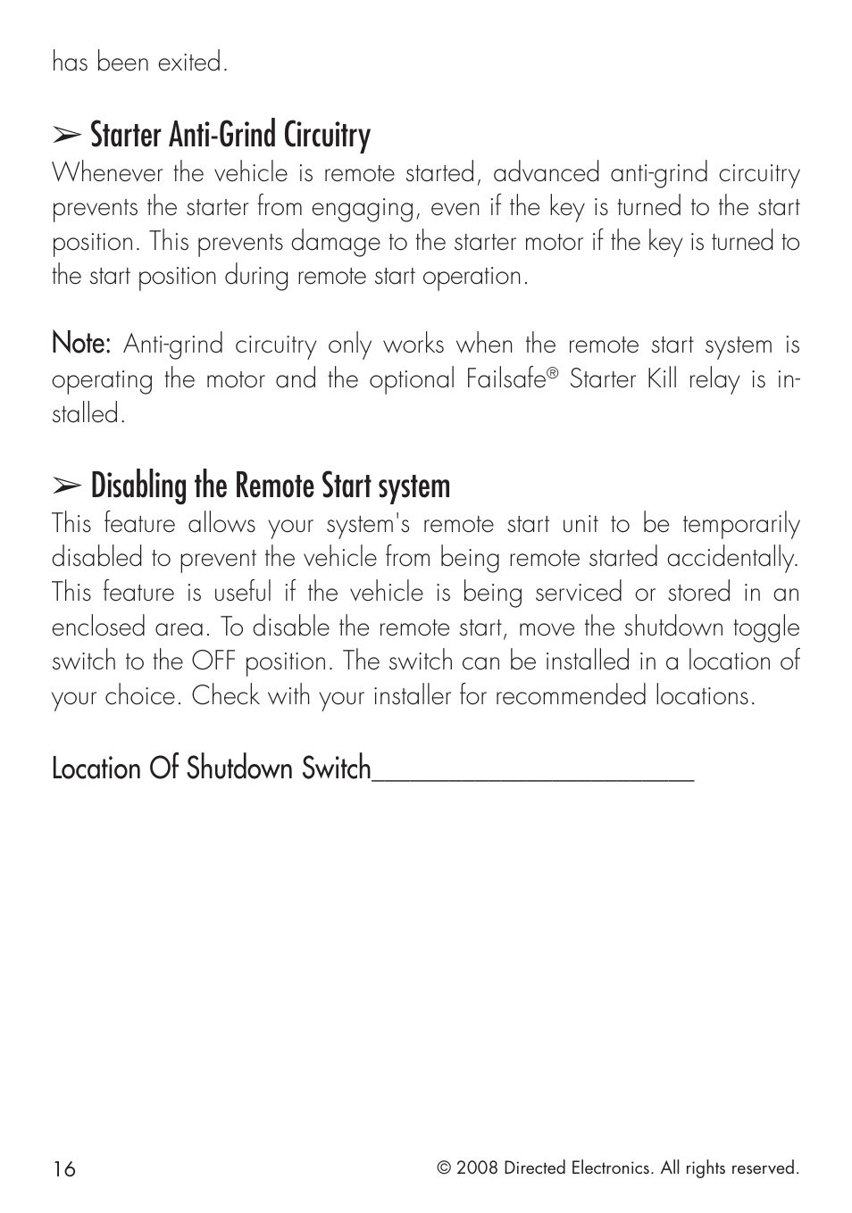 Starter anti-grind circuitry, Disabling the remote start system | Directed Electronics 4103 User Manual | Page 16 / 28