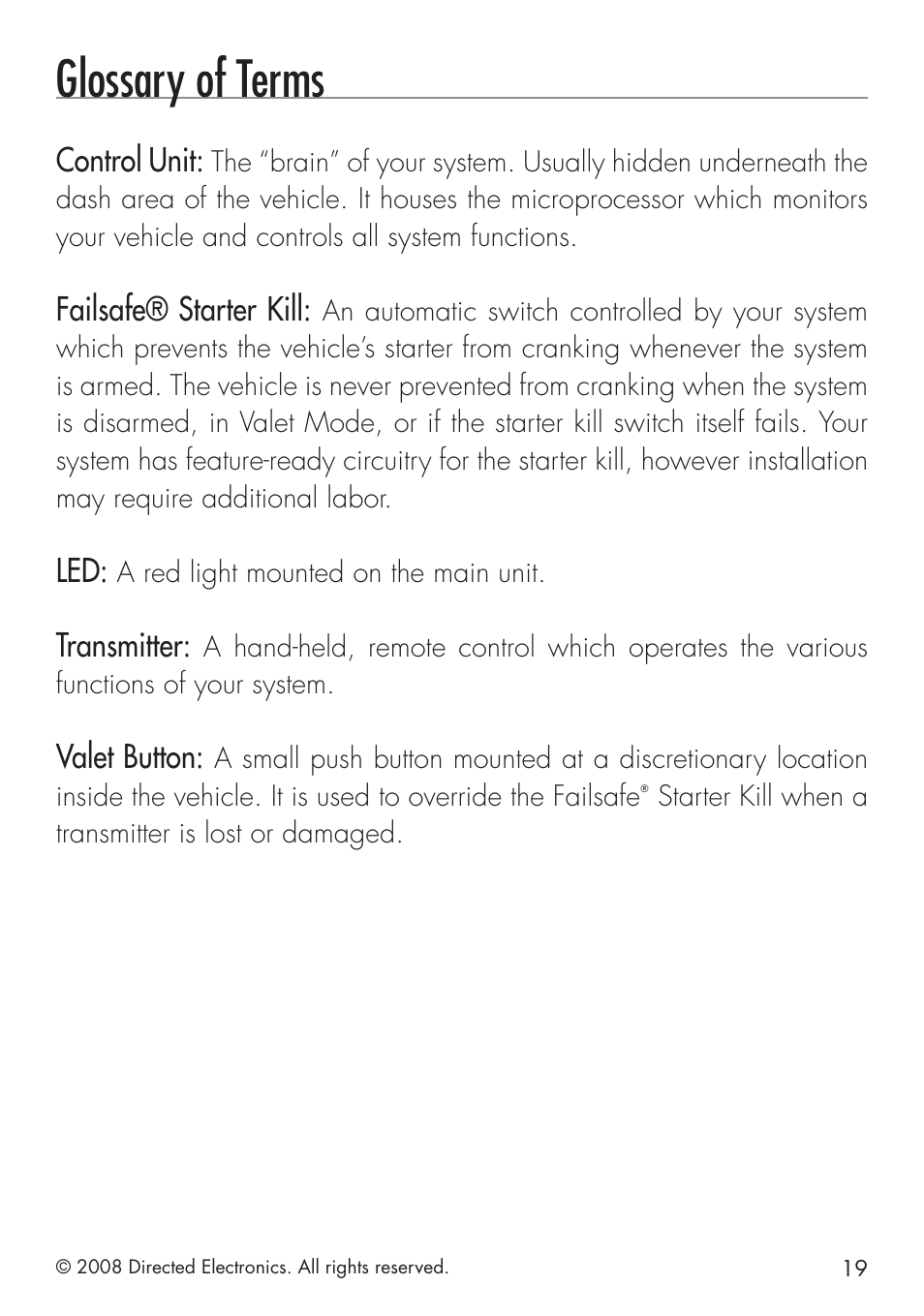 Glossary of terms | Directed Electronics 4103 User Manual | Page 19 / 28