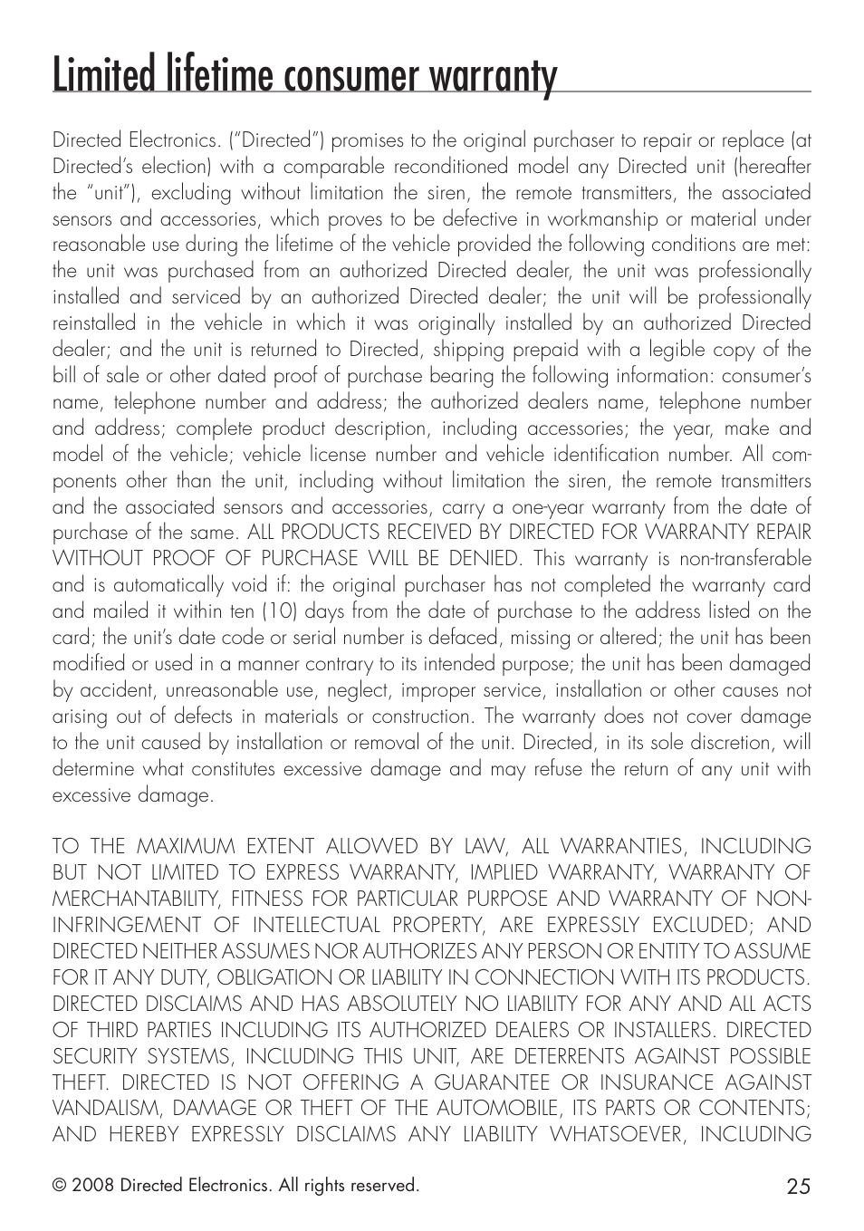 Limited lifetime consumer warranty | Directed Electronics 4103 User Manual | Page 25 / 28