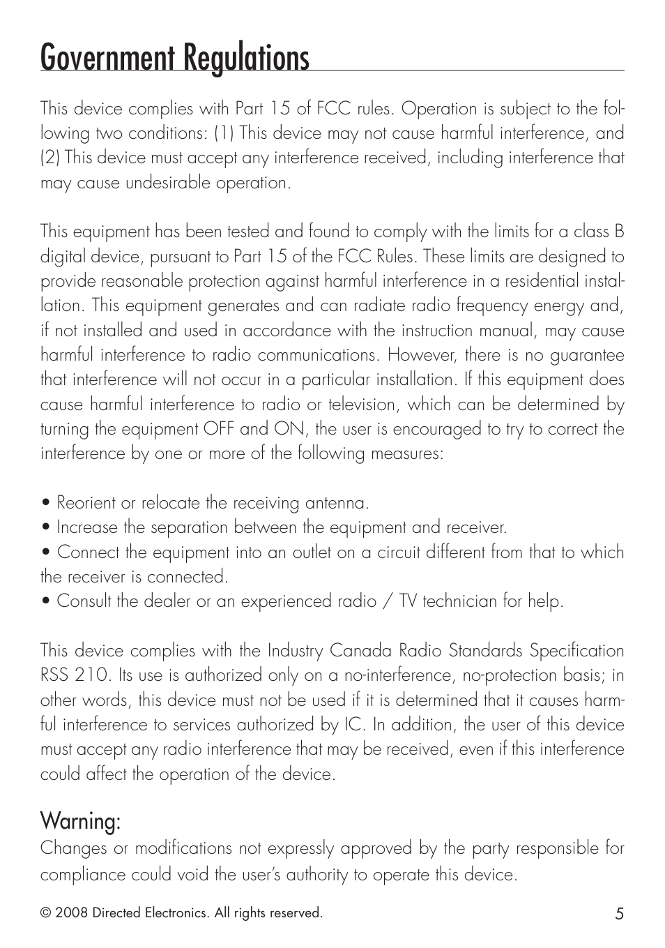 Government regulations, Warning | Directed Electronics 4103 User Manual | Page 5 / 28