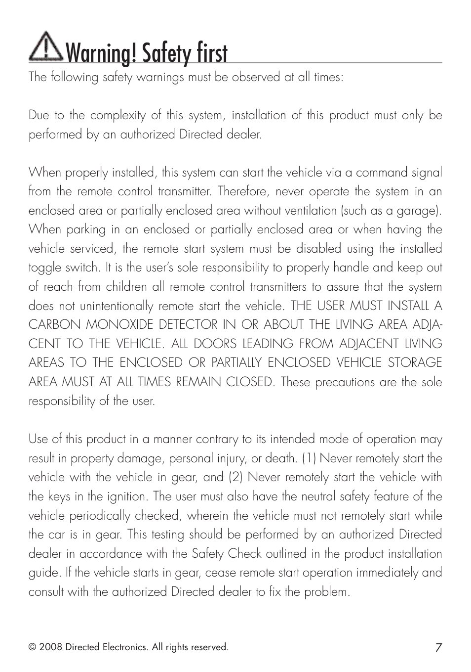 Warning! safety first | Directed Electronics 4103 User Manual | Page 7 / 28