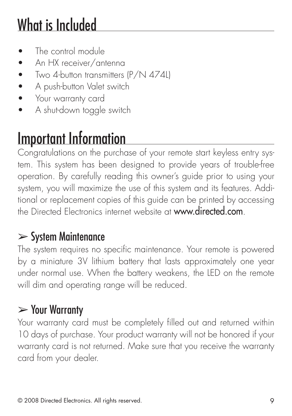 What is included, Important information, System maintenance | Your warranty | Directed Electronics 4103 User Manual | Page 9 / 28