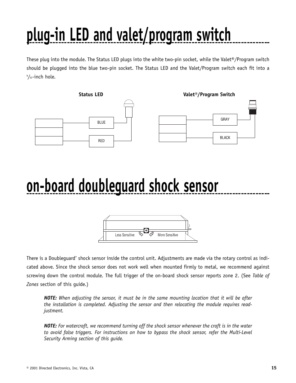 Plug-in led and valet/program switch, On-board doubleguard shock sensor | Directed Electronics MERLIN 2000 User Manual | Page 15 / 24