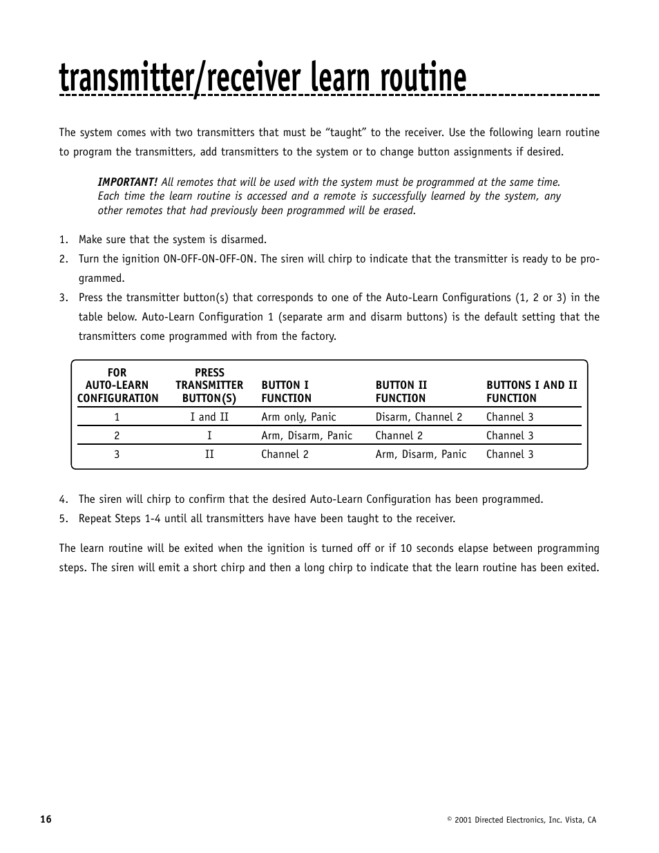Transmitter/receiver learn routine | Directed Electronics MERLIN 2000 User Manual | Page 16 / 24