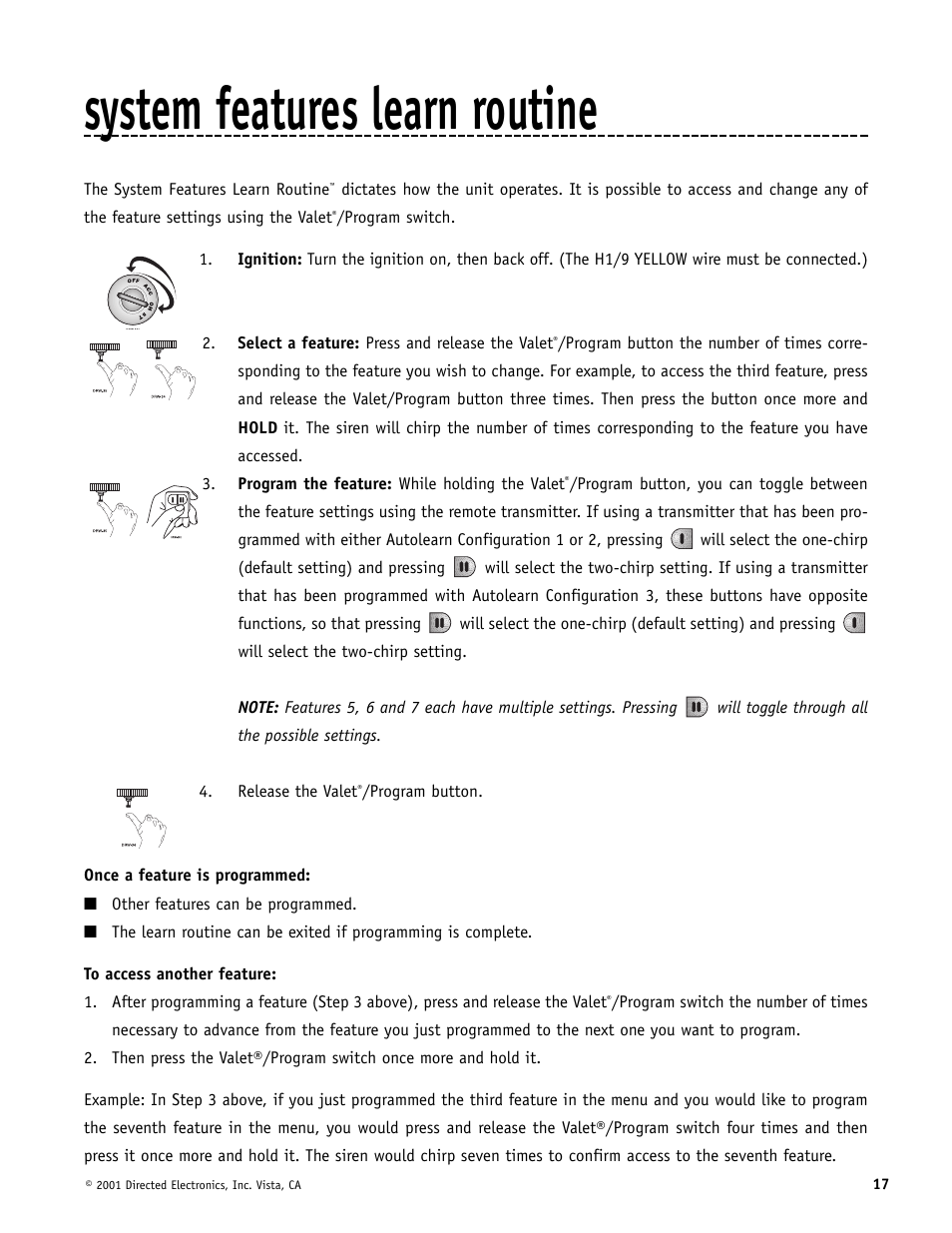System features learn routine | Directed Electronics MERLIN 2000 User Manual | Page 17 / 24