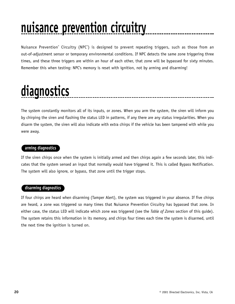 Nuisance prevention circuitry, Diagnostics | Directed Electronics MERLIN 2000 User Manual | Page 20 / 24