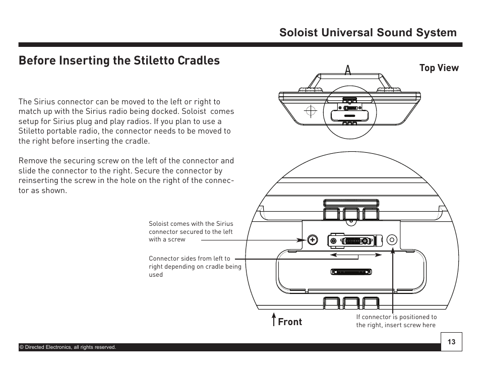 Desktop docking station, Detail a scale 1 : 1, Before inserting the stiletto cradles | Soloist universal sound system, Top view, Front, Company name | Directed Electronics Soloist Desktop Docking Station User Manual | Page 13 / 34