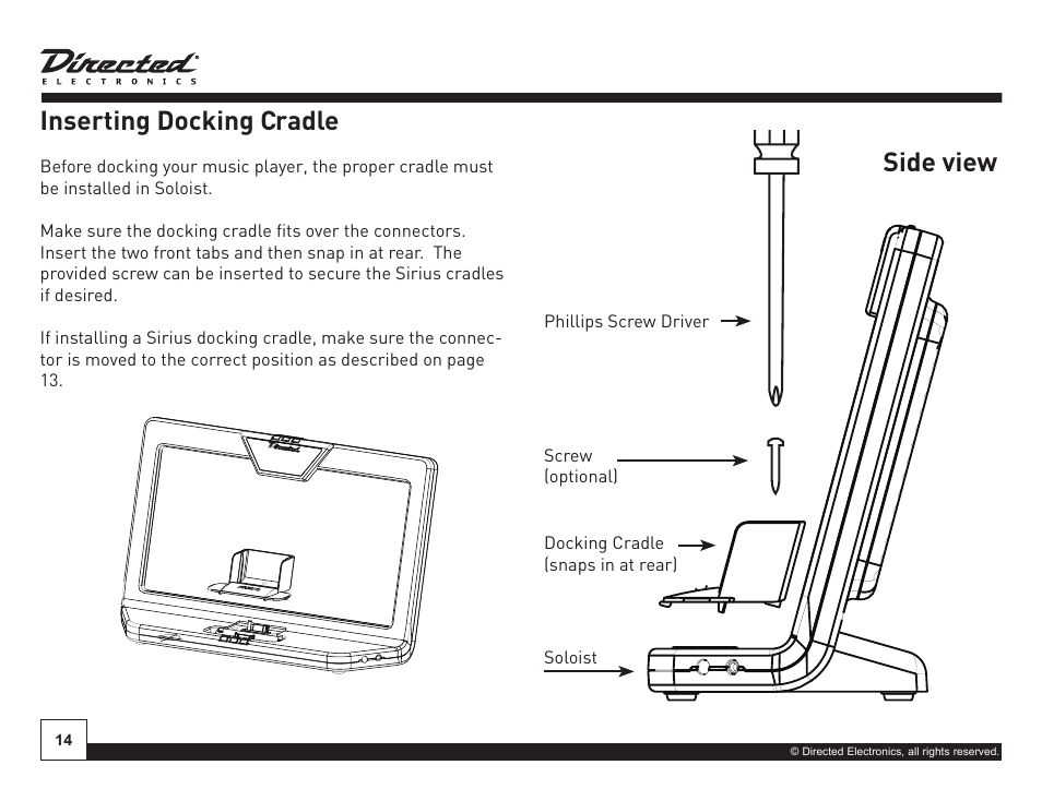 Inserting docking cradle, Side view, Company name | Directed Electronics Soloist Desktop Docking Station User Manual | Page 14 / 34