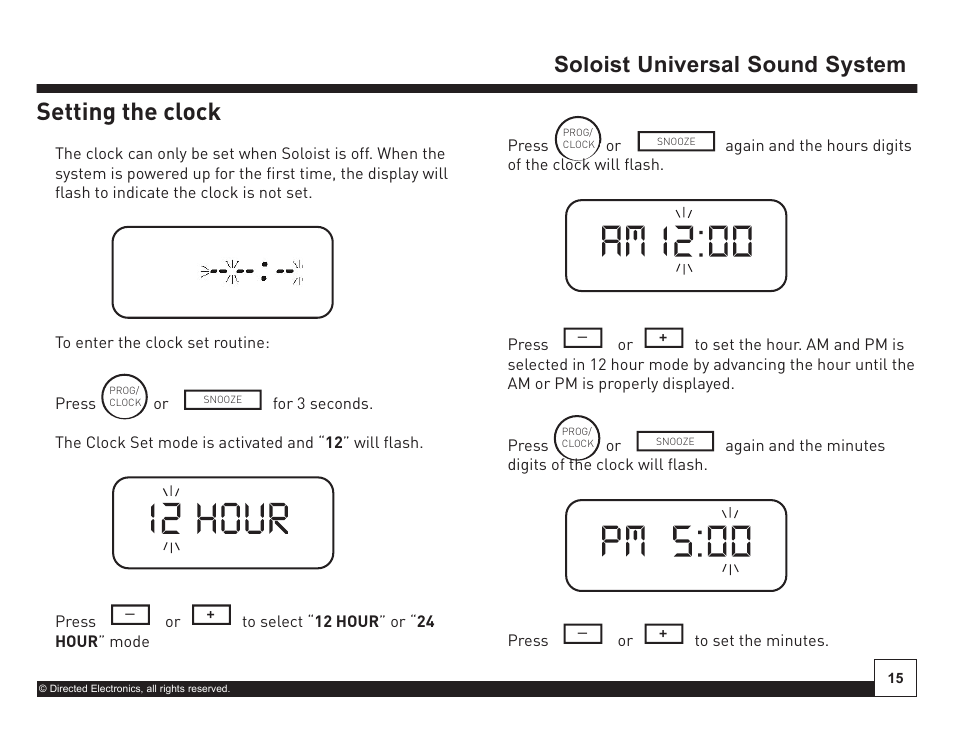 Desktop docking station, On off, Setting the clock | Soloist universal sound system | Directed Electronics Soloist Desktop Docking Station User Manual | Page 15 / 34