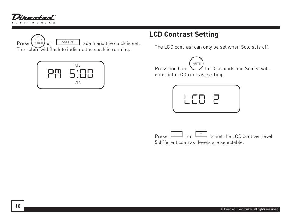 On off, Lcd contrast setting | Directed Electronics Soloist Desktop Docking Station User Manual | Page 16 / 34