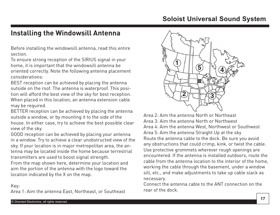 Desktop docking station, Installing the windowsill antenna, Soloist universal sound system | Directed Electronics Soloist Desktop Docking Station User Manual | Page 17 / 34