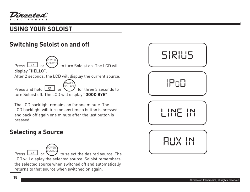 Using your soloist switching soloist on and off, On off, Selecting a source | Directed Electronics Soloist Desktop Docking Station User Manual | Page 18 / 34