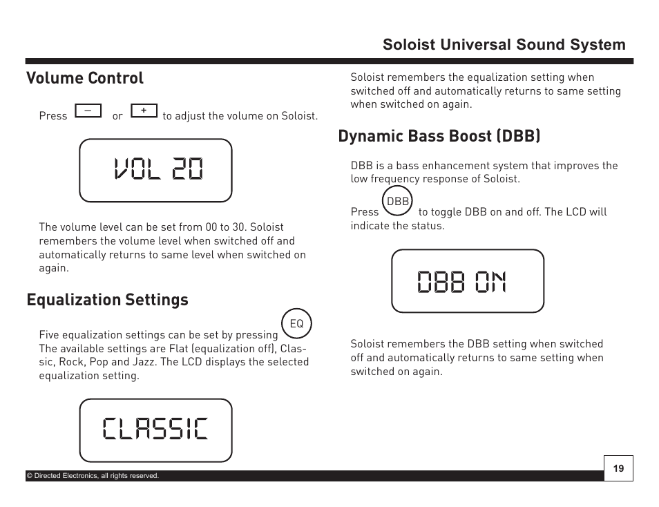 Desktop docking station, Volume control, On off | Equalization settings, Dynamic bass boost (dbb), Soloist universal sound system | Directed Electronics Soloist Desktop Docking Station User Manual | Page 19 / 34