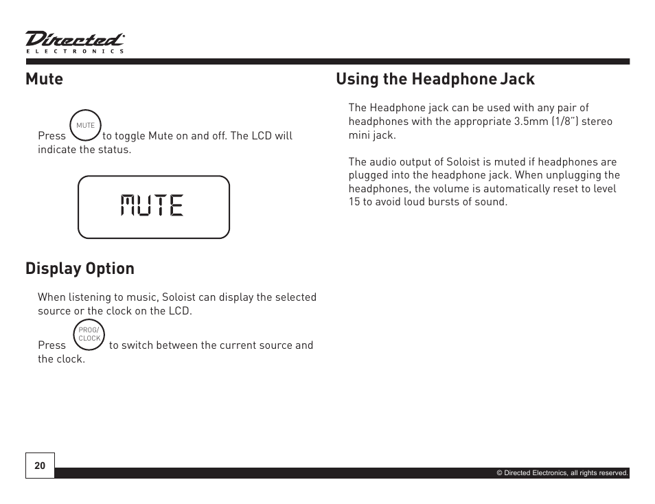 Mute, On off, Display option | Using the headphone, Jack | Directed Electronics Soloist Desktop Docking Station User Manual | Page 20 / 34