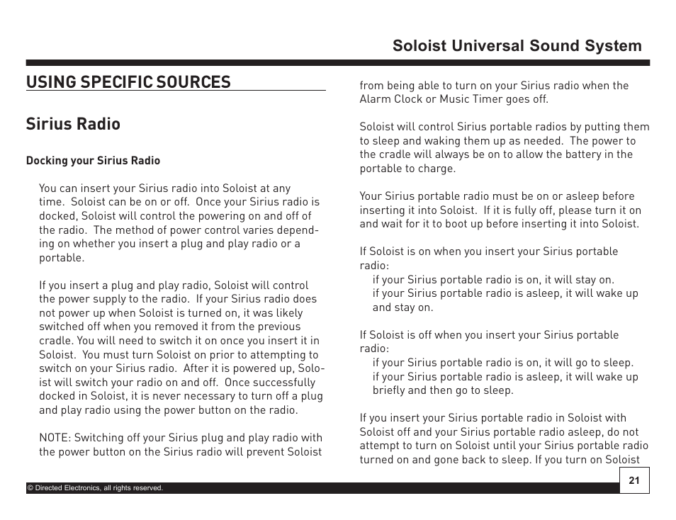 Desktop docking station, Using specific sources sirius radio, Soloist universal sound system | Directed Electronics Soloist Desktop Docking Station User Manual | Page 21 / 34