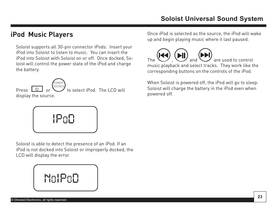 Desktop docking station, Ipod music players, On off | Soloist universal sound system | Directed Electronics Soloist Desktop Docking Station User Manual | Page 23 / 34