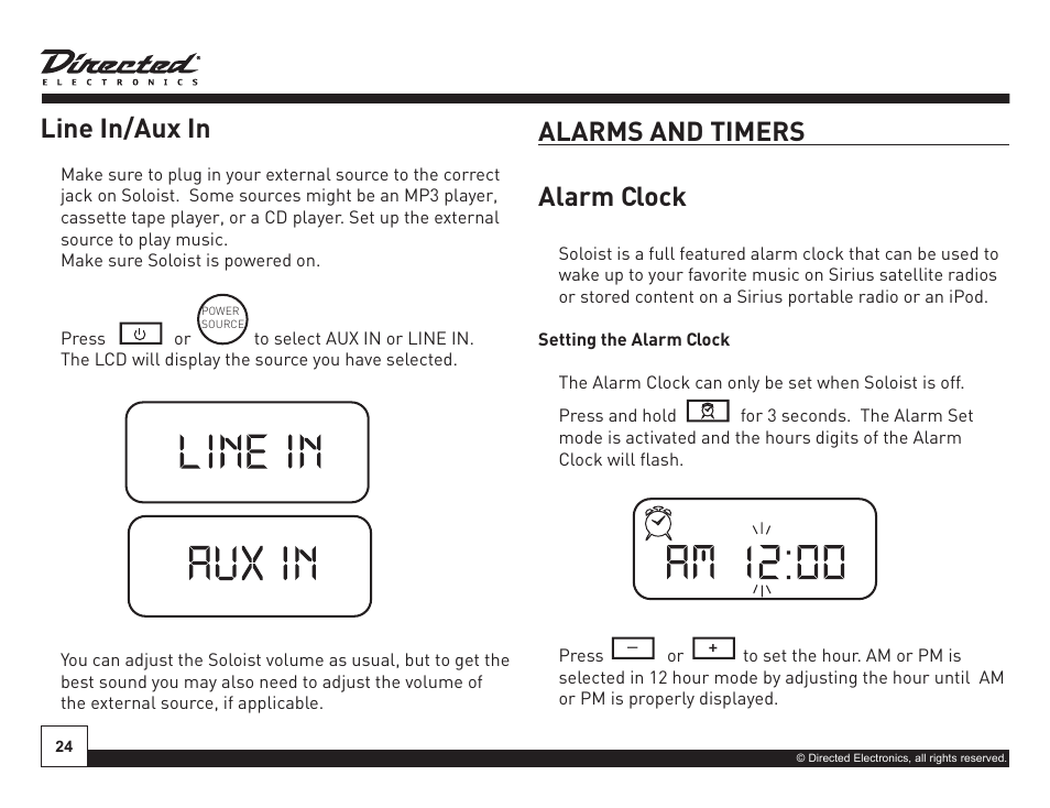 Line in/aux in, On off, Alarms and timers alarm clock | Directed Electronics Soloist Desktop Docking Station User Manual | Page 24 / 34